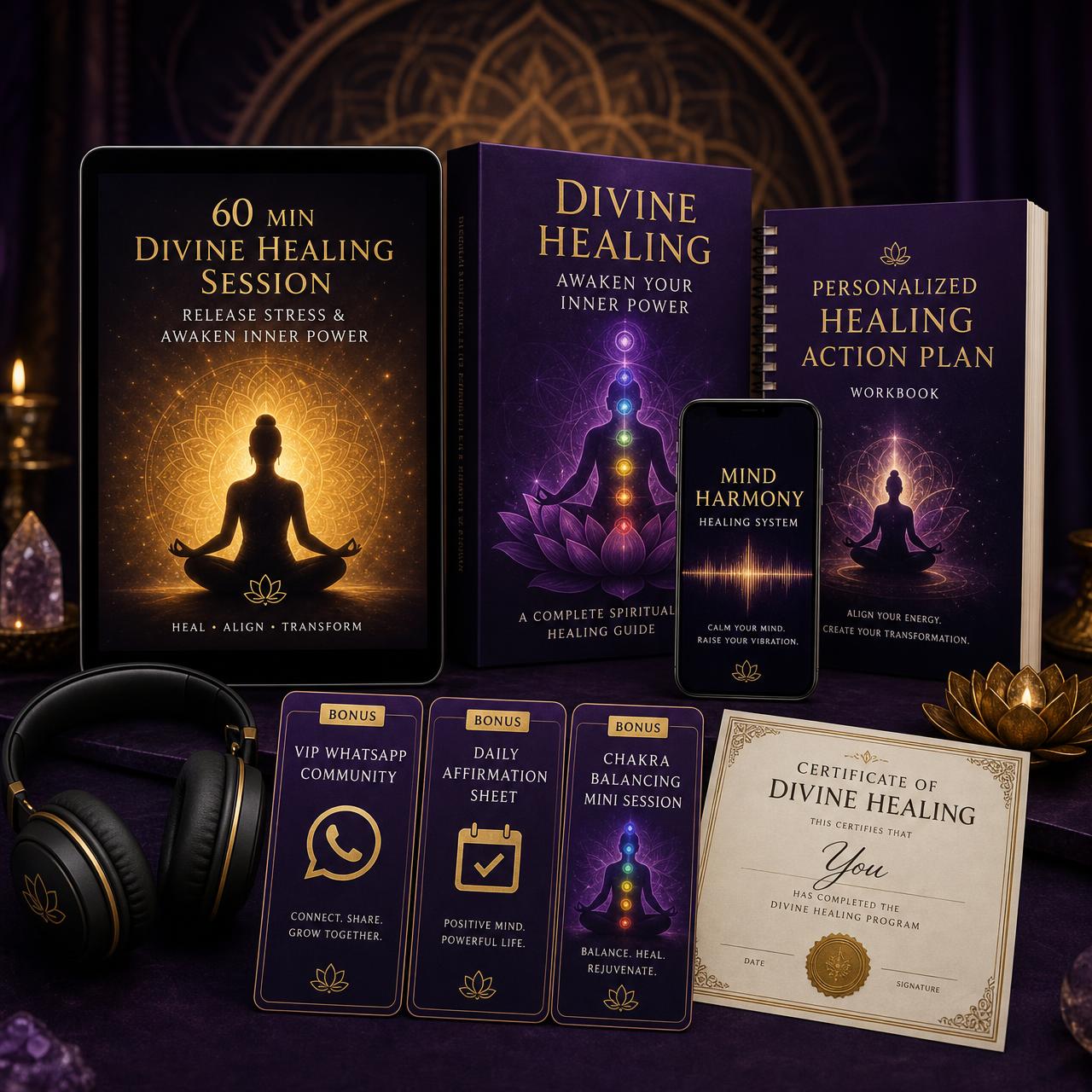 90 seconds Divine Healing Session complete bundle including session, mind harmony audio, personalized action plan workbook and three bonuses