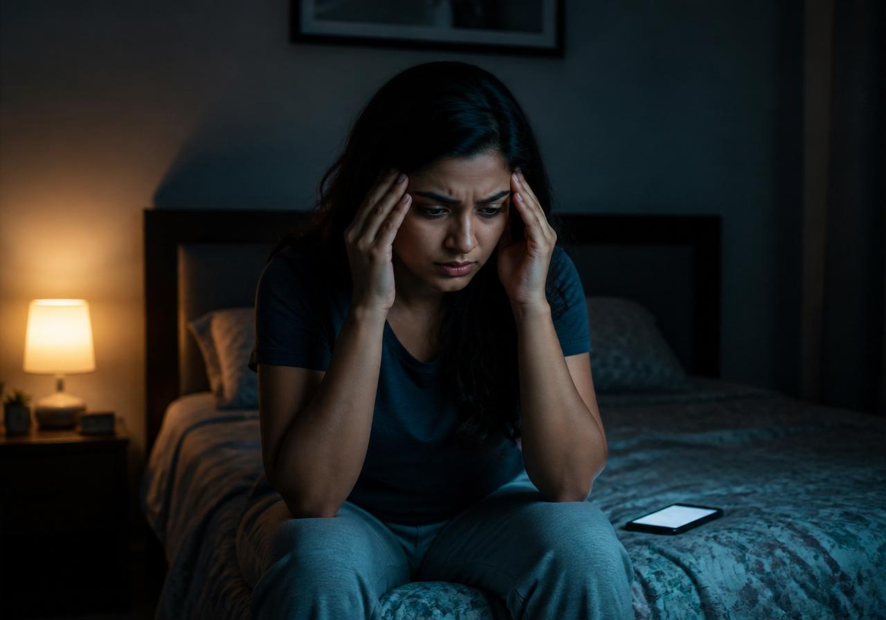 Woman sitting on the edge of her bed at night feeling overwhelmed by stress and anxiety